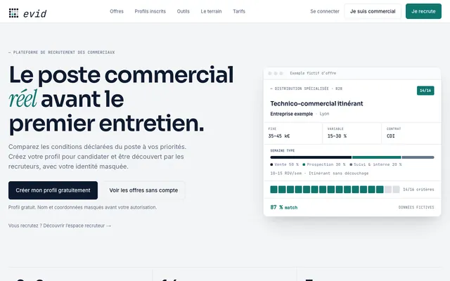 Page d'accueil d'evid.fr, plateforme de recrutement