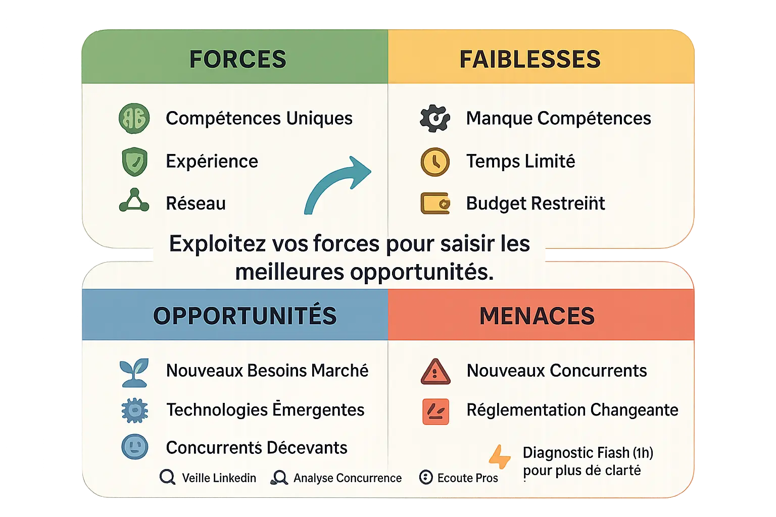 Matrice SWOT illustrée avec des exemples concrets pour un indépendant