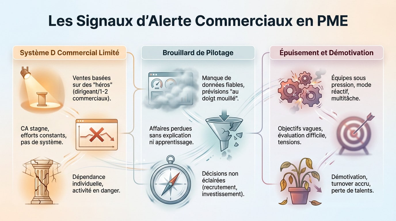 Schéma illustrant les signaux d'alerte d'une fonction commerciale désorganisée en PME : stagnation et manque de visibilité