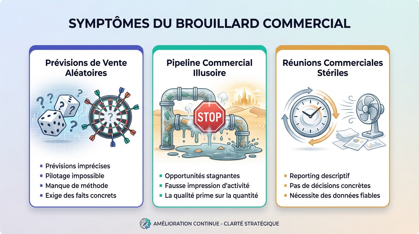 Dirigeant de PME analysant des données commerciales floues sur un tableau